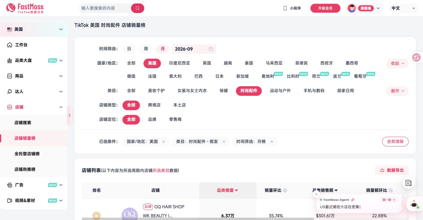 FastMoss 美国假发 2026 年 9 月榜